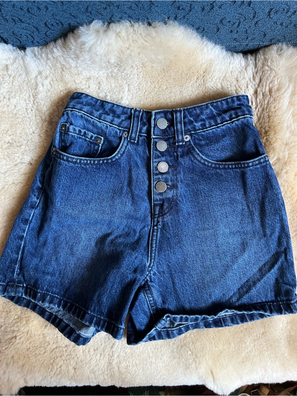 Roxy Dark Blue High-Waist Button-Fly Jean Shorts